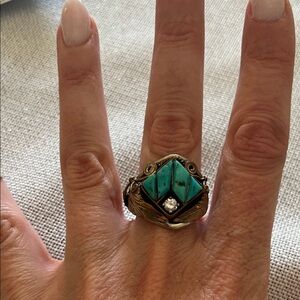 Signed Native American Sterling, Copper and Turquoise Ring by S Rey